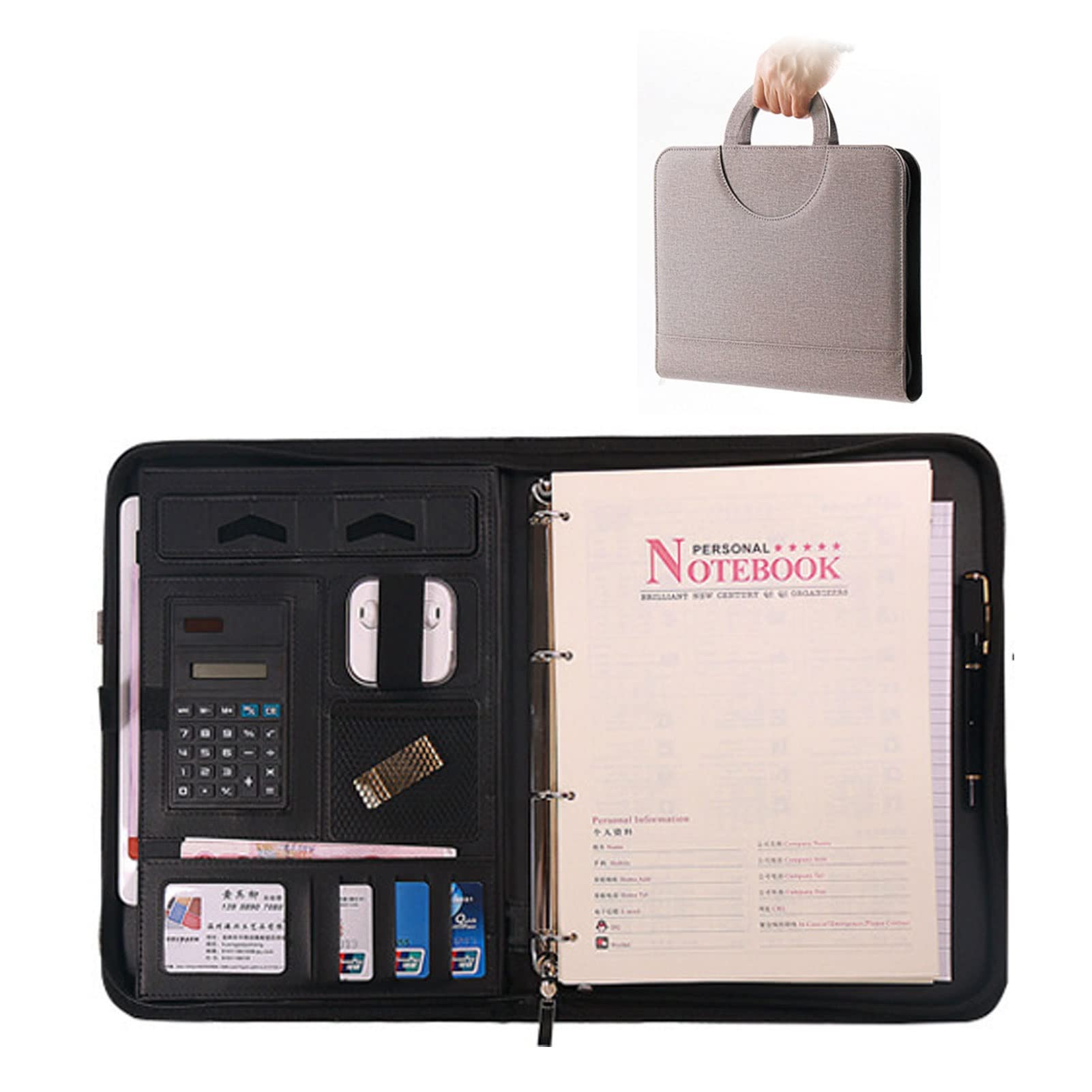 Portafolio A4 Portadocumentos Carpeta De Documentos Con Cremallera Maletín Conferencias Con Bloc De Notas Y Calculadora Perfecta Para Hombre Mujer(Graey)