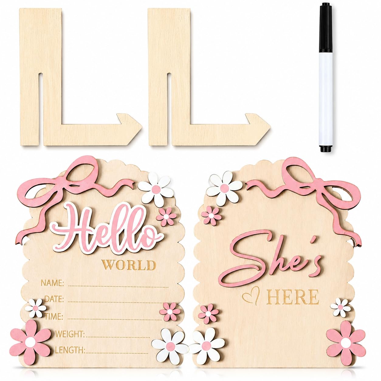 Pink Bow Baby Announcement Sign, Hello World Baby Sign Welcome to the World Sign, Wooden Name Sign Baby Name and Birth Plaques, Baby Name Signs for Nursery, Baby Accessories for Newborn
