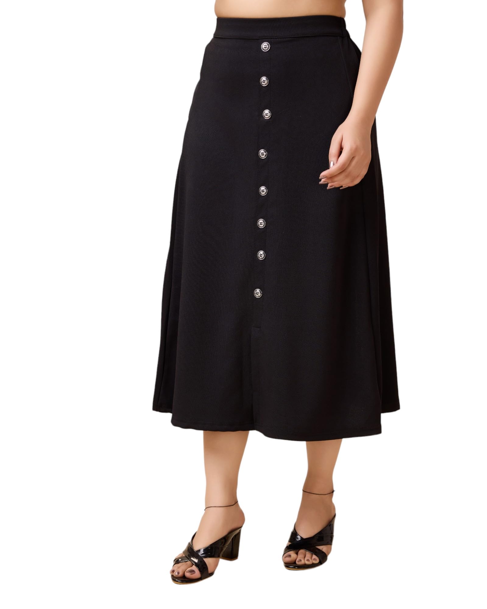 areca designer Areca's Black A-Line Midi Skirt with Front Buttons for Womens-picture-26