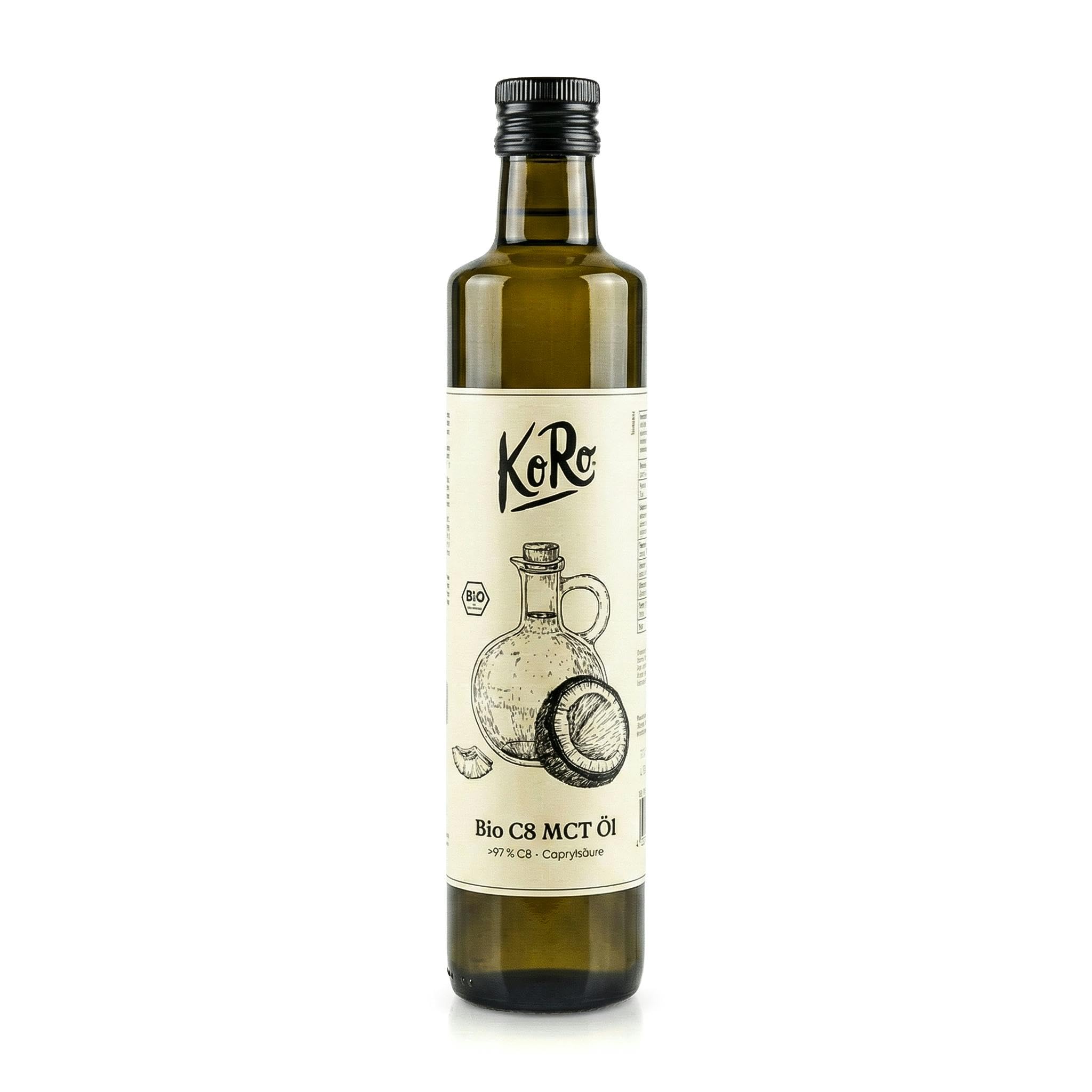 KoRo – Huile MCT C8 bio 500 ml – Issue à 100 % de l'huile de coco – Contient de l’acide caprylique pur C8 – Idéale pour les régimes céto et paléo – Goût neutre