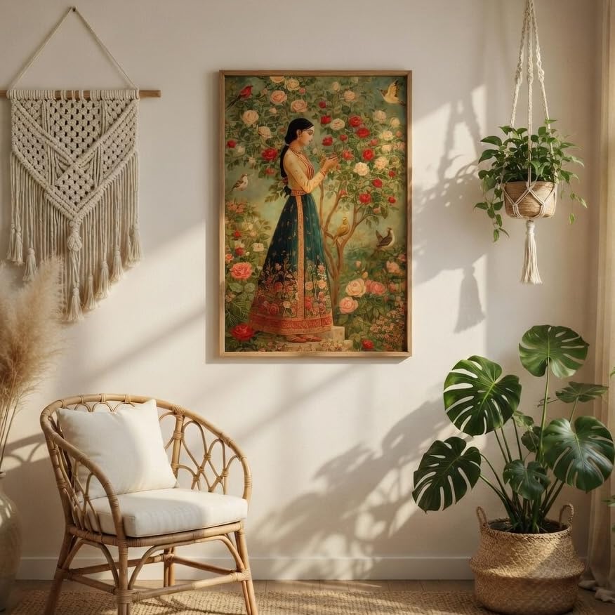 Image of Livin'luxe Vintage Floral Lady Wall Painting with Wooden Frame | Elegant Woman Garden Artwork HD UV Laminated MDF Wall Decor | Classic Nature Wall Art for Living Room Bedroom Decor