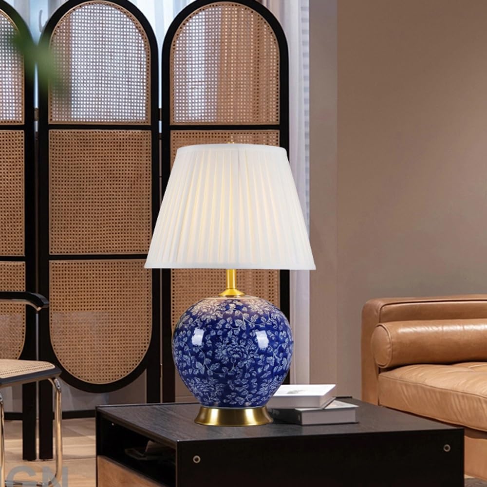 Lampka nocna do sypialni – ceramiczna lampa do salonu, lampka nocna z białym lnianym odcieniem, nowoczesna lampa do sypialni (przełącznik zdalnego sterowania)