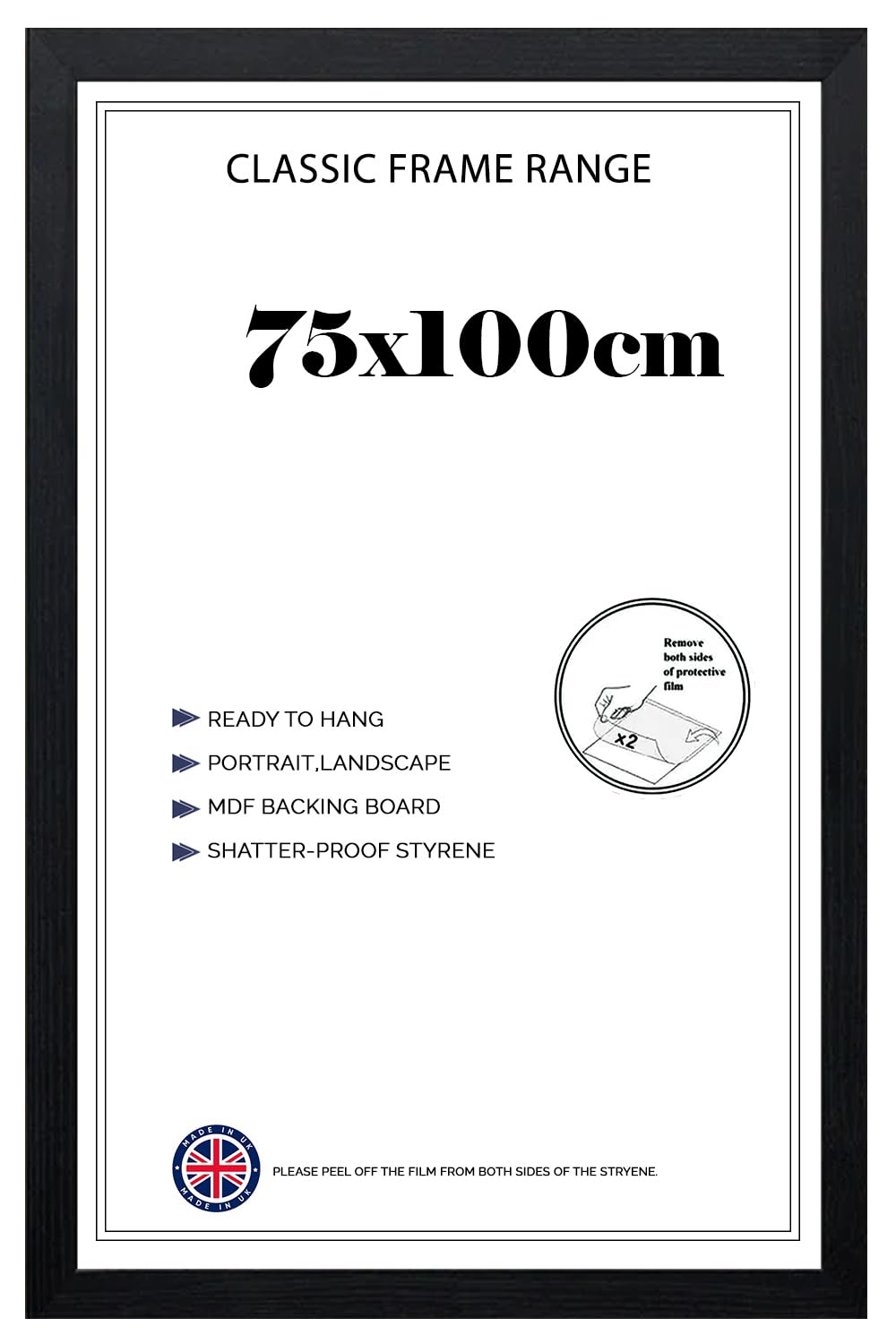 Eco-Friendly Thin Profile Poster Frame 75x100cm | MDF with Shatter-Proof Front 100 x 75 cm Portrait/Landscape Orientation-Black