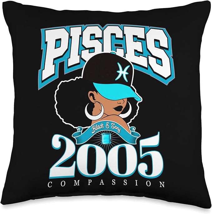 Pisces 2005 Afro Queen Zodiac Birthday Gifts Throw Pillow