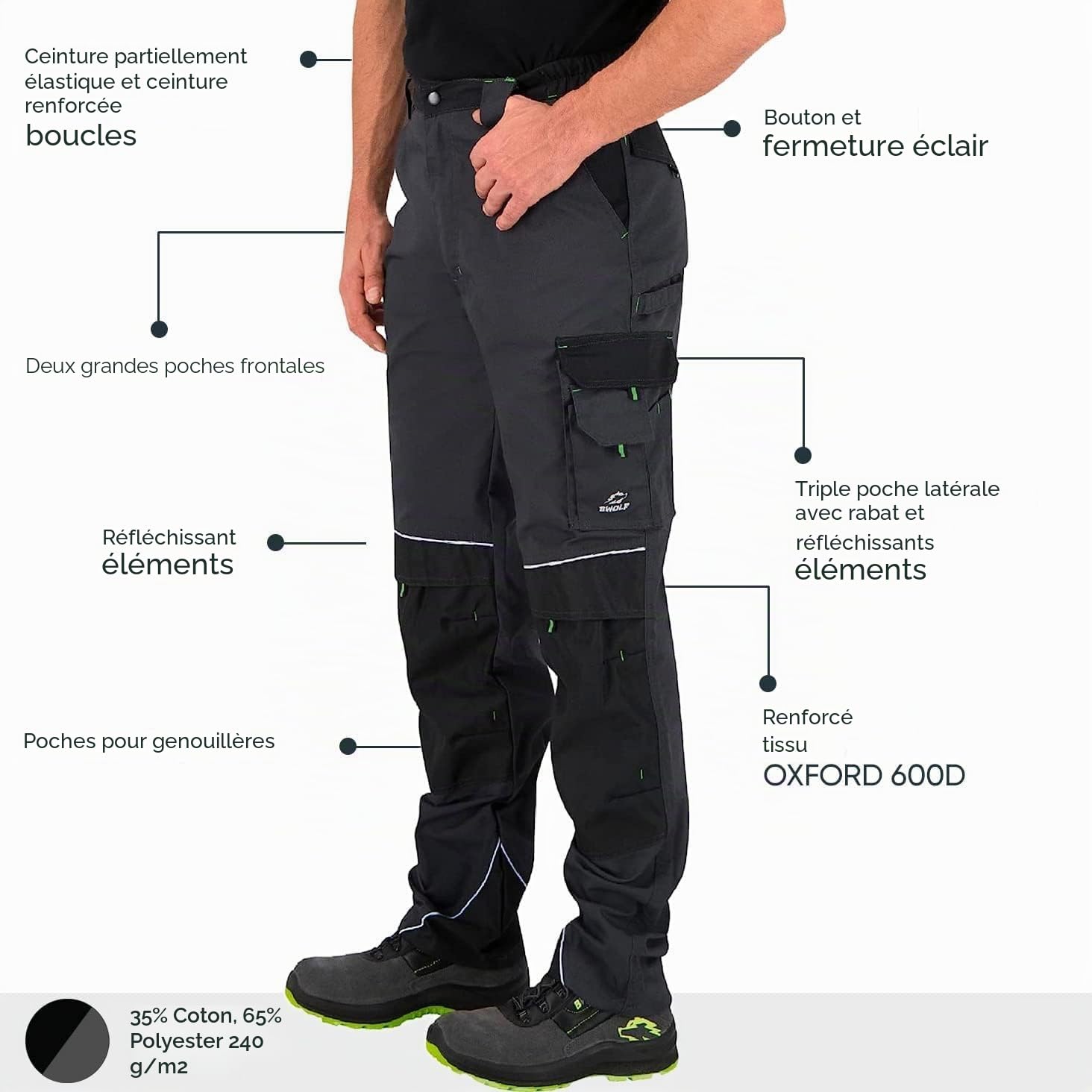 BWOLF Brave Pantalon de travail pour homme avec poches latérales multifonctionnelles, poches arrière et poches rembourrées, renforcement en polyester 600D, Gris, M