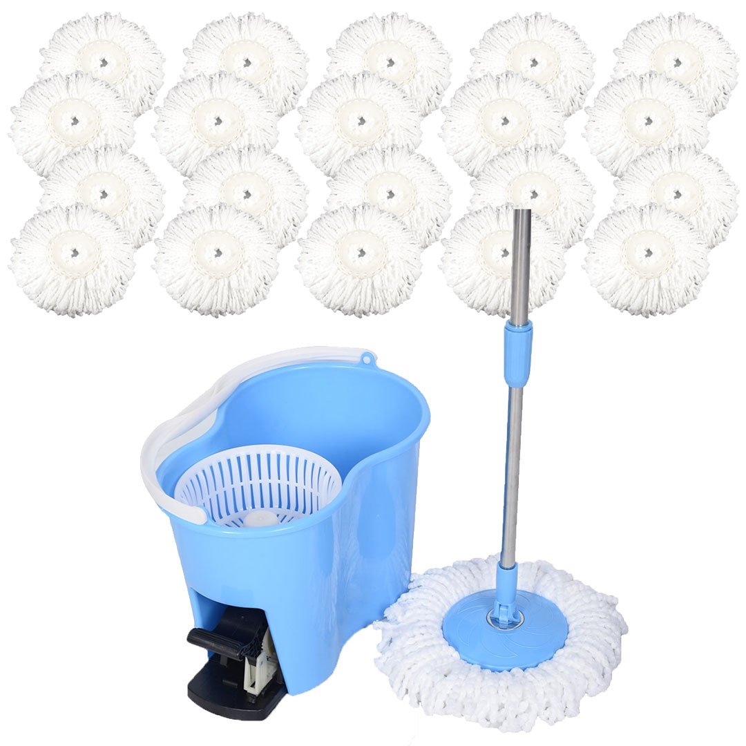 Microfiber Spin Mop Easy Floor Mop with Bucket and 20 Mop Heads - 360 Rotating Head, Blue