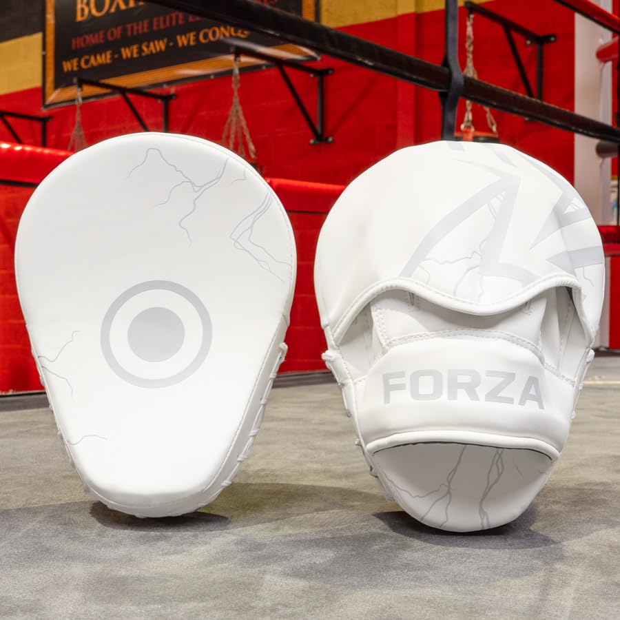 FORZA Focus Pads | Durable PU Leather Boxing Mitts with Supreme Shock Foam Padding - Ideal for Boxing, Kickboxing & MMA Training [Sold as a Pair] (White)