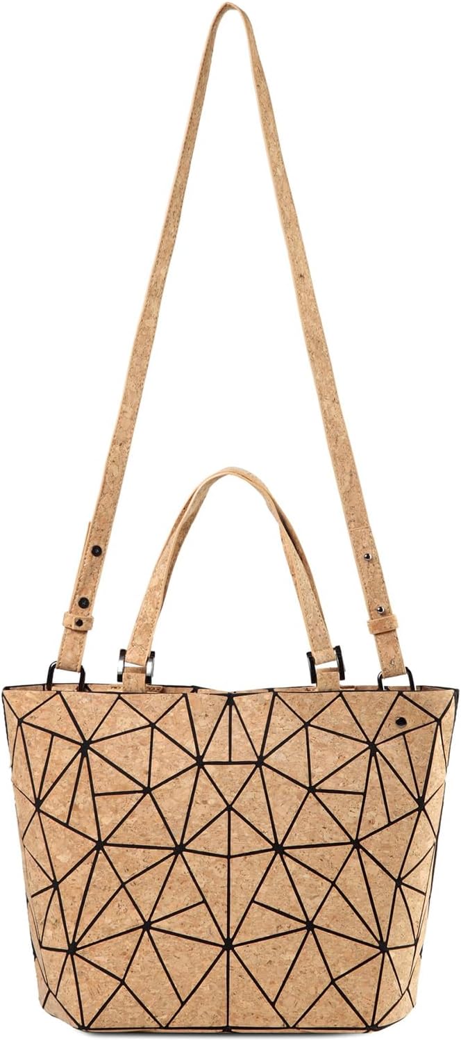 Geometric Tote Bag - Cork Handbag Top Handle Shopping Shoulder Bag Summer Beach Bag for Women Girls (Handbag with long strap) - Image 6