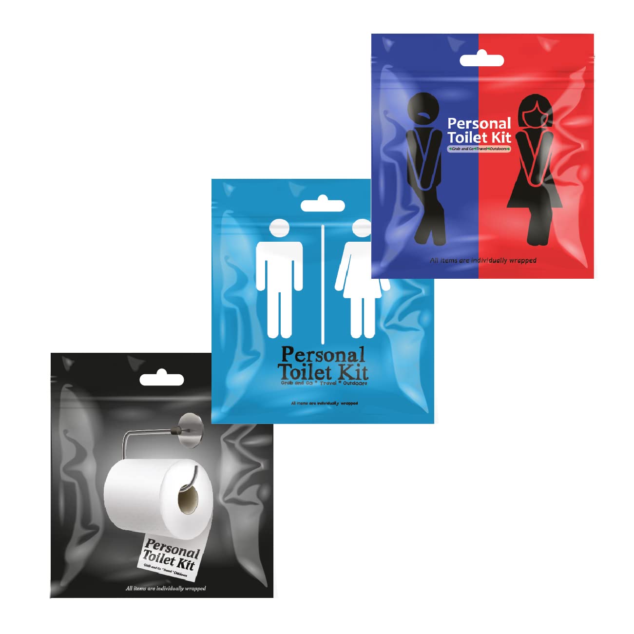 pH Advantage3 x Personal Toilet Kit | Public Restroom Kit | Toilet Paper, Toilet Seat Cover, Butt Wipes, Cleansing Wipes (White Roll/Light Blue/Red Blue)