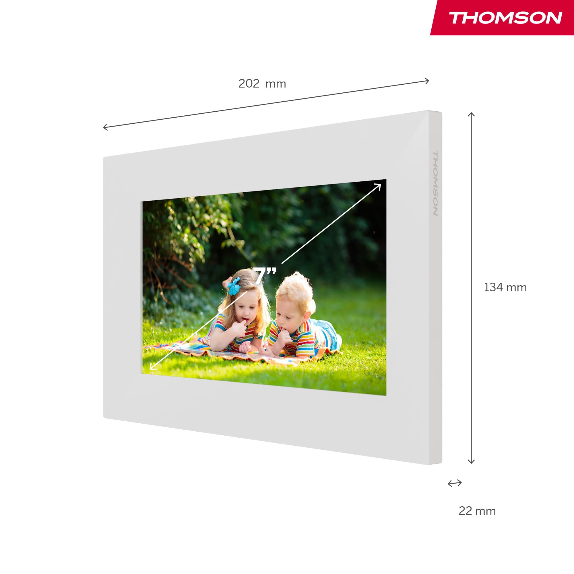 Thomson Cornice Digitale 7 Pollici, Schermo IPS, Touchscreen HD, Condivisione Diretta tramite App, Funzioni Smart, Cornice Fotografica Elettronica con 32 GB di Memoria, Rotazione Automatica, Bianca