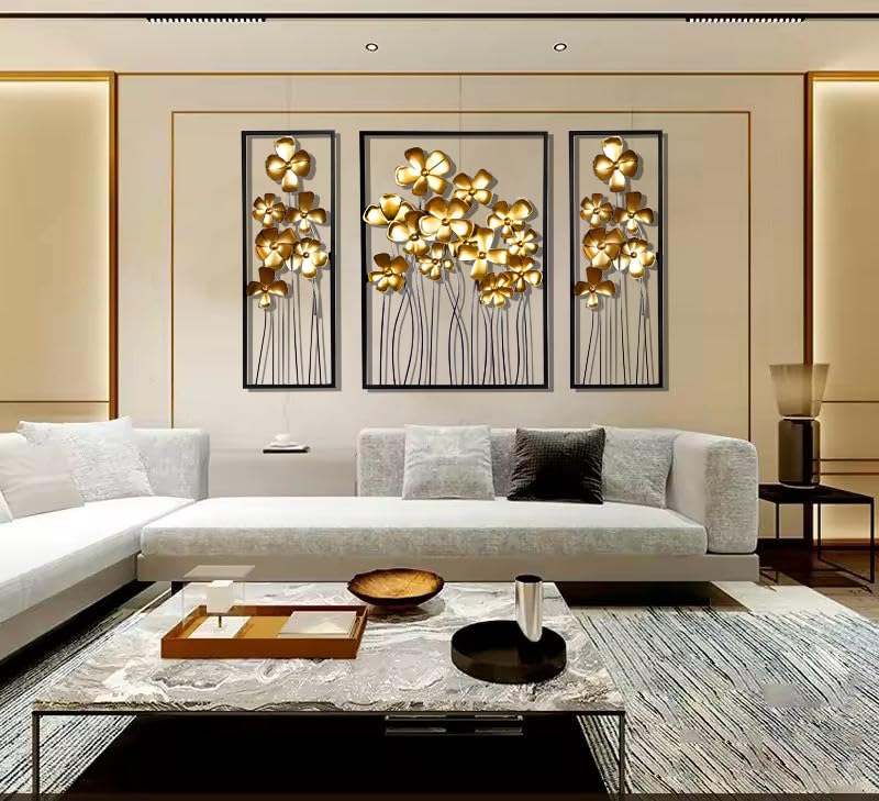 Image of ZOVE Creative Wall Decoration - Set of 3 Metal Lilac Gold Flower Wall Hanging | luxury Metal Wall Sculpture for Entrance, Bedroom, Corridor (Gold, 57 X 32 Inch)