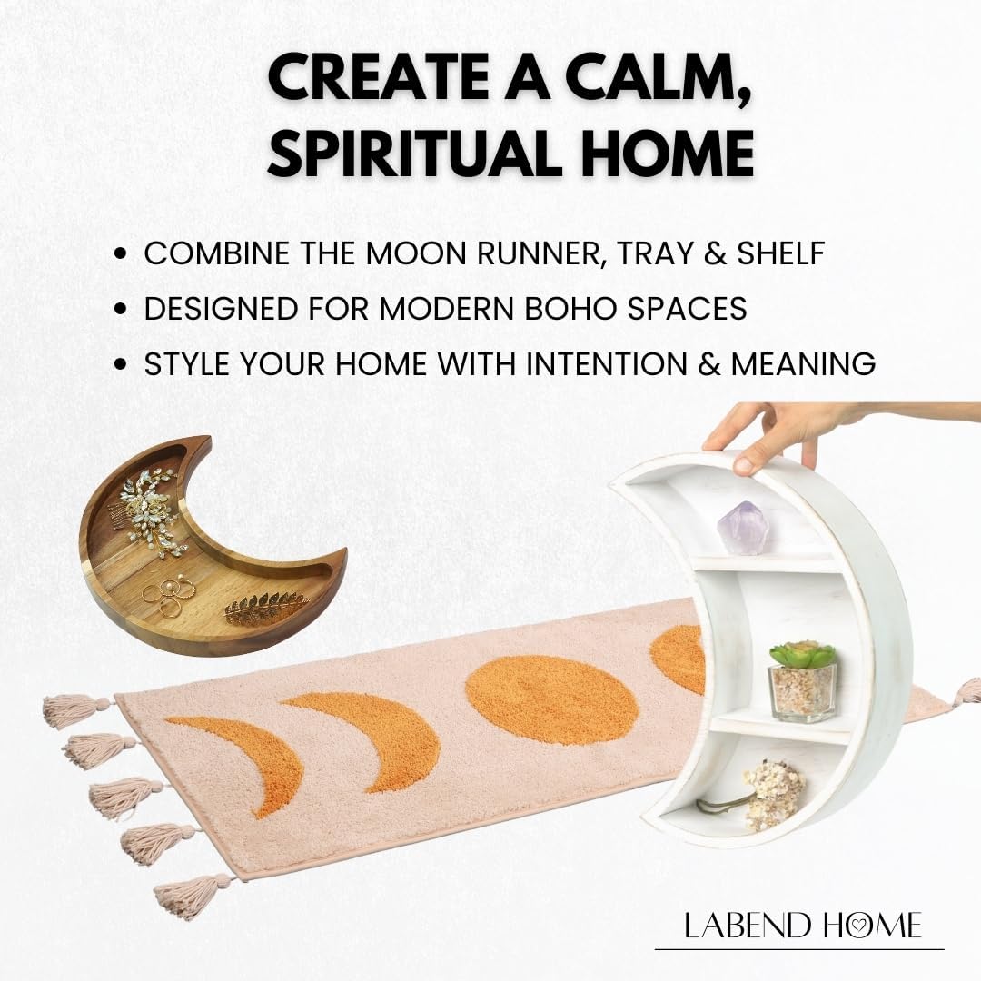 LABEND HOME Moon Phase Boho Bathroom Runner - Soft Washable Bath Mat with Tassels - Non-Slip Microfiber - Orange Beige - 20x58 in (20x50” Without Tassels)