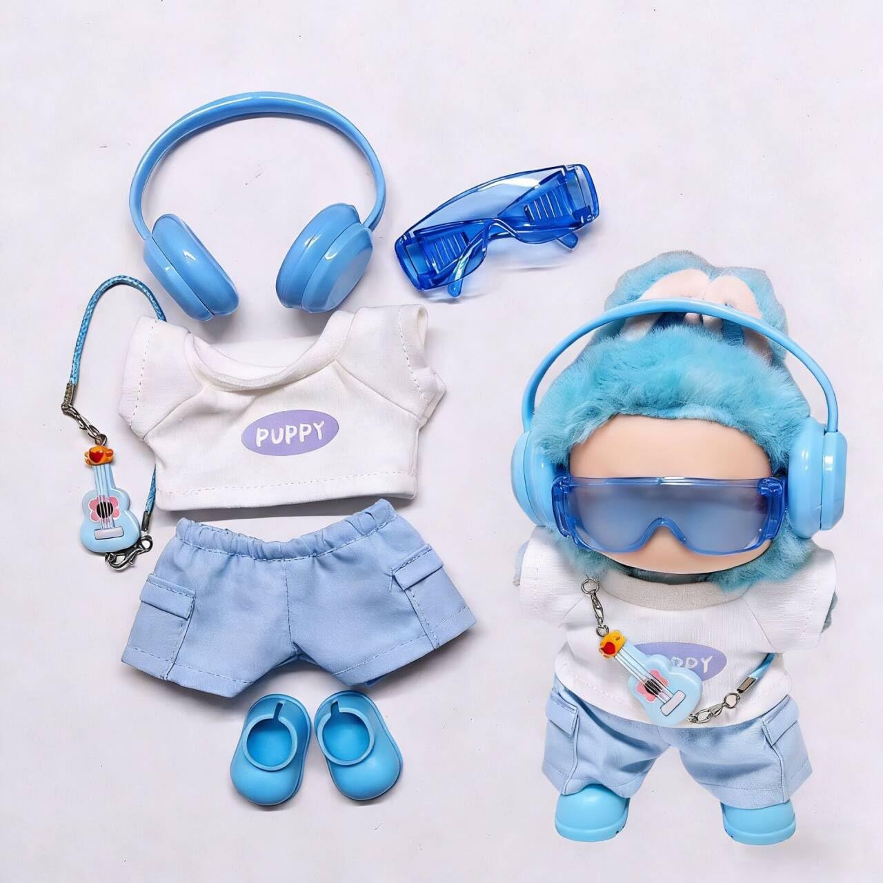 6-Piece Clothing Set for Labubu 15 cm/17 cm Doll Hip-hop Costume Set with Headset Glasses Shoes Plush Doll Accessories for Gift Idea for Girls and Boys (NO Doll) (Blue)