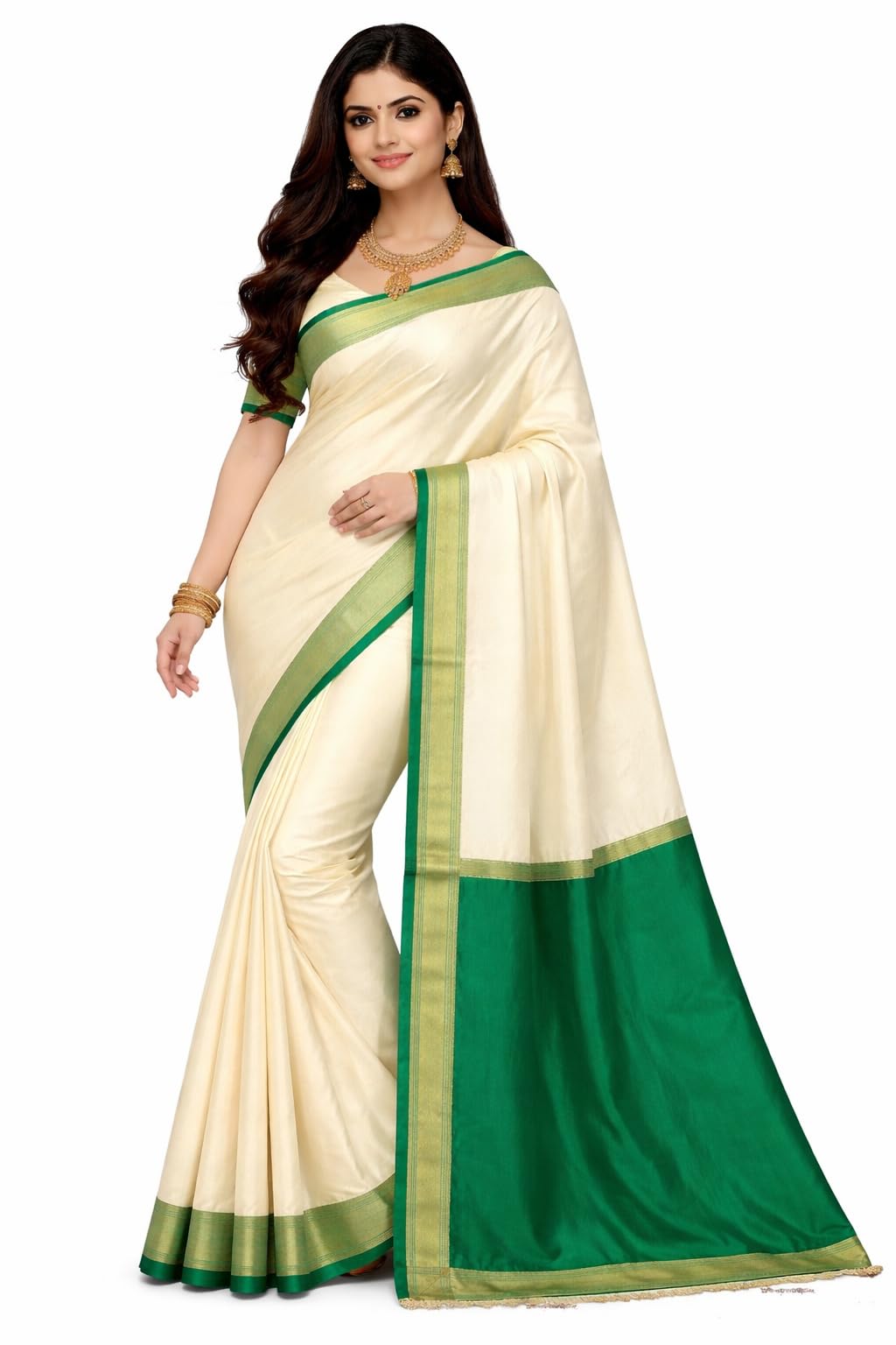 Cream cotton and Green Silk Saree with Zari Border, Kerala Style,-image-2