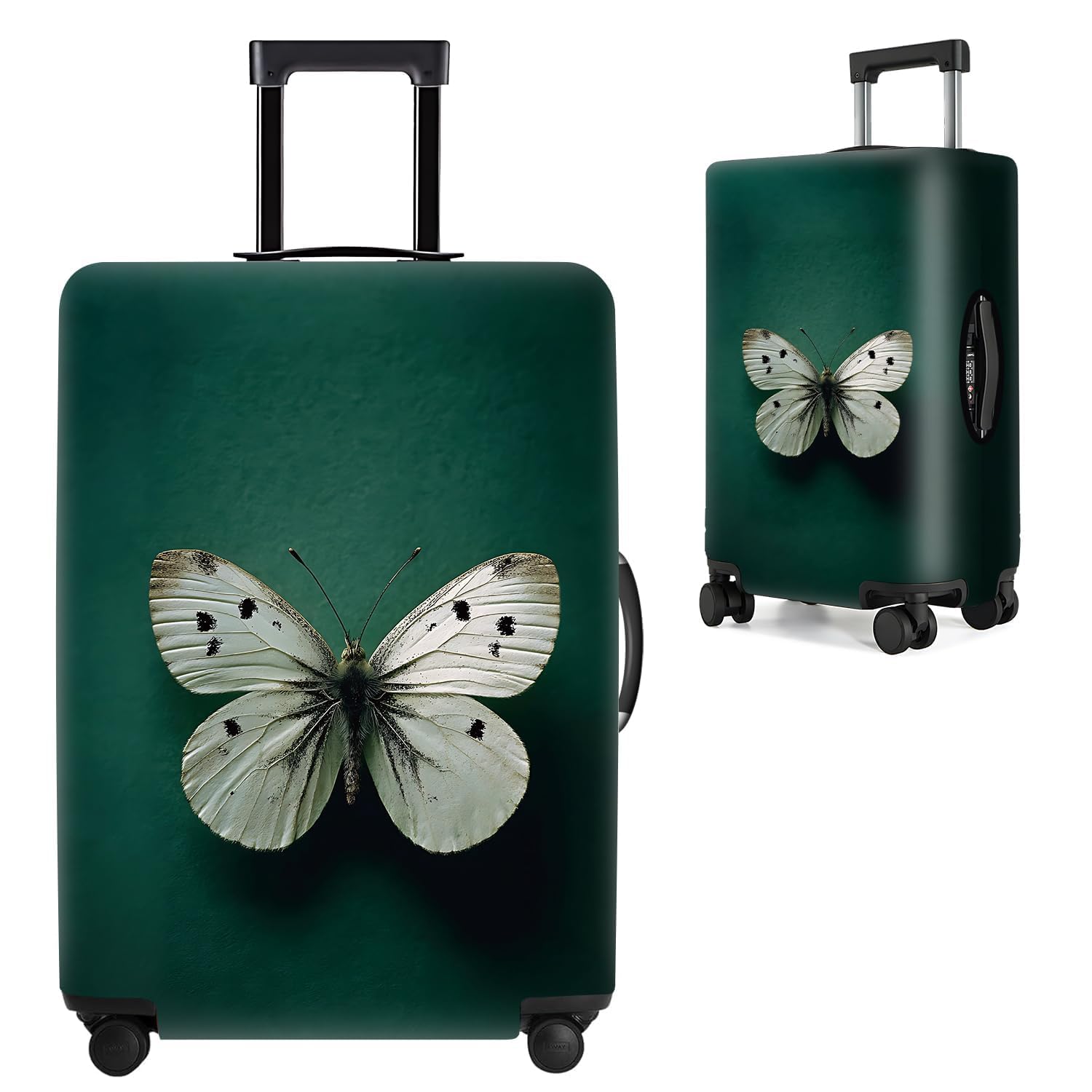 Elegant Green Luggage Cover with White Butterfly Design – Fits 32 to 34 Inch Suitcases – Durable Travel Suitcase Protector,XL