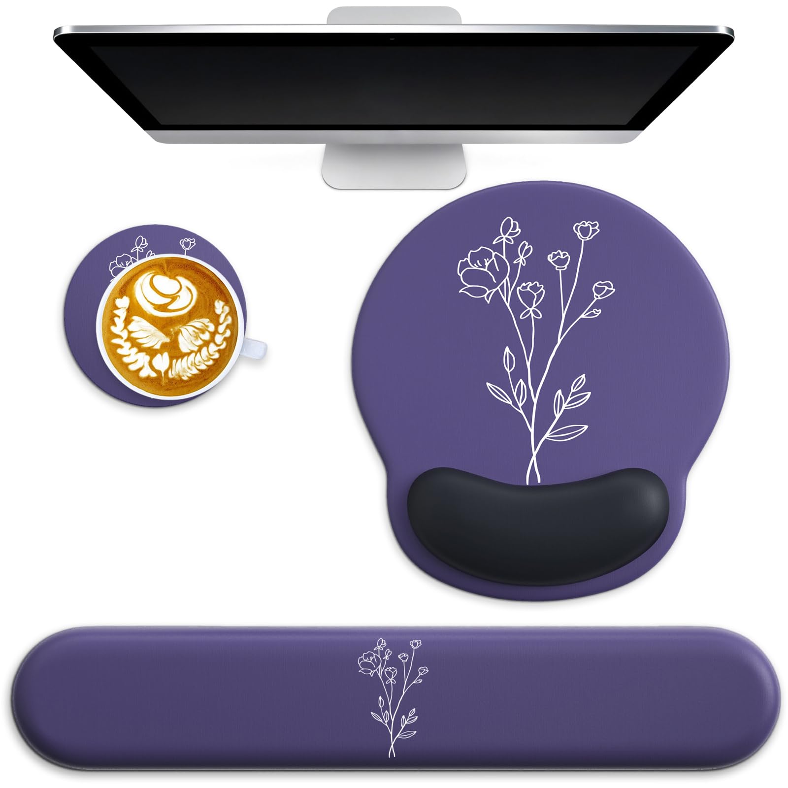 Mouse Pad with Wrist Rest and Keyboard Wrist Rest Support with Coaster 3-in-1 Set Cute Gel Ergonomic Mousepad