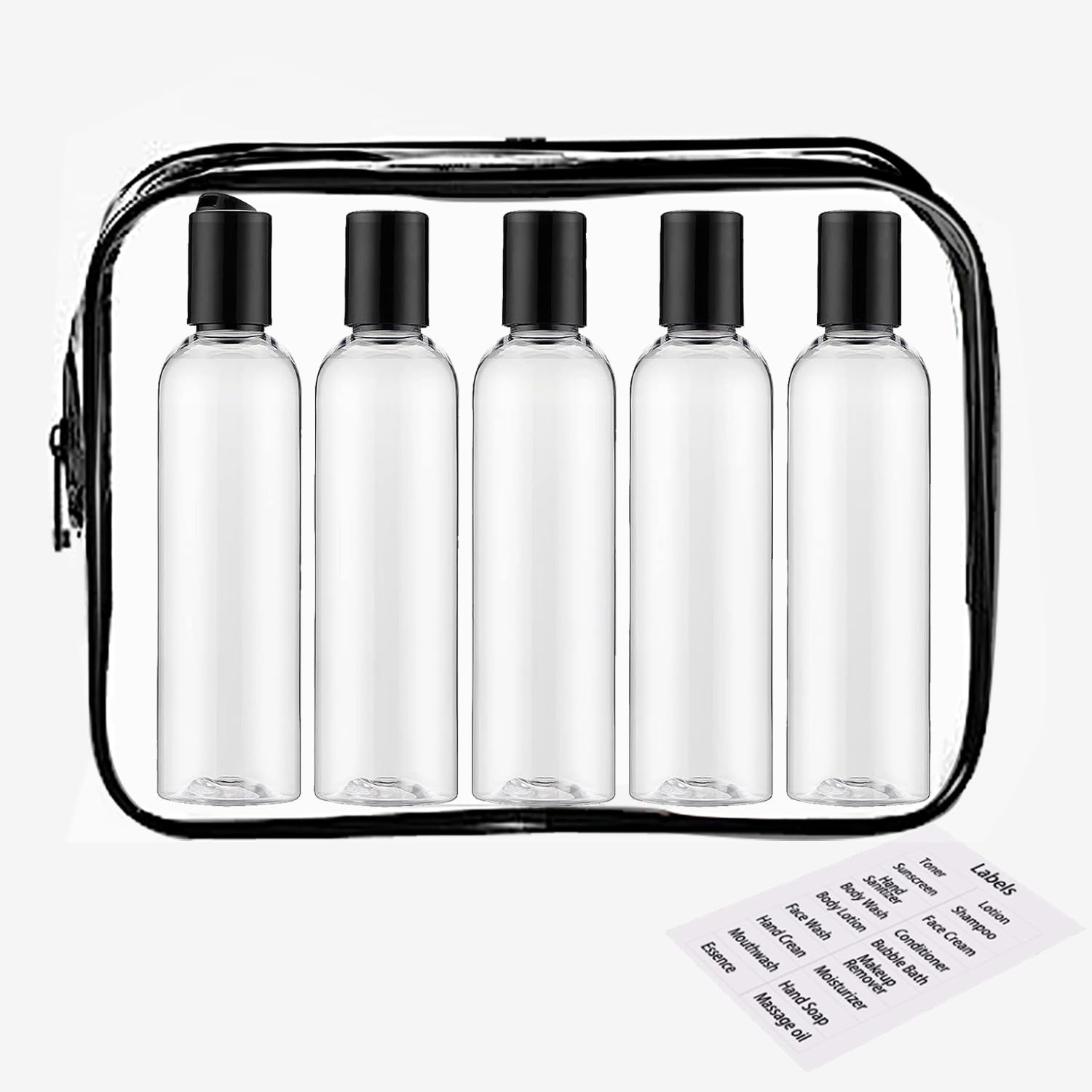 Toiletry Travel Bottles, 5-Pack 3.4oz/100ml - Squeezable Plastic Containers with Flip Caps - Refillable Cosmetic Kit for Shampoo, Conditioner, Lotion, and Essential Travel Needs