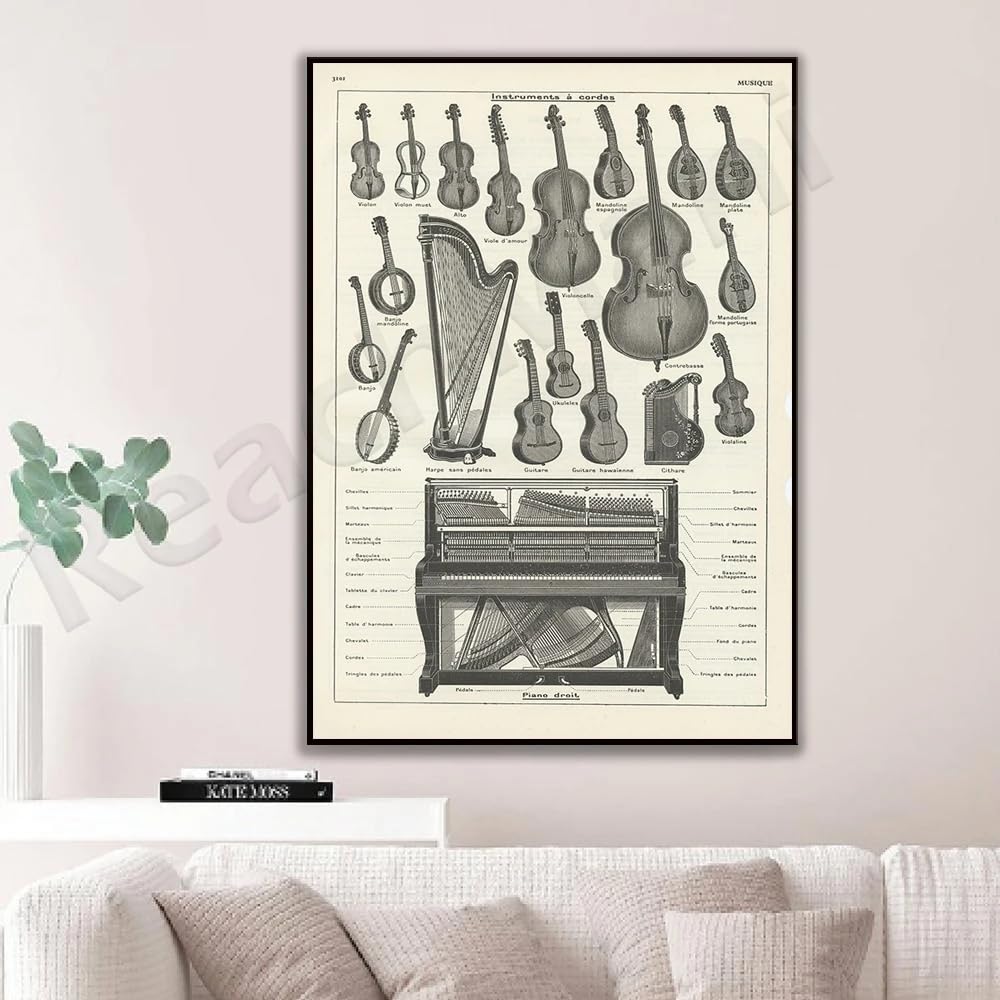 MAIMANG Antyczny instrument muzyczny wydrukowany w 1938 roku. Struny fortepianowe altówka skrzypce wiolonczela harfa banjo plakat gitarowy. Nauczyciel muzyka (30 x 45 cm/rama wewnętrzna)
