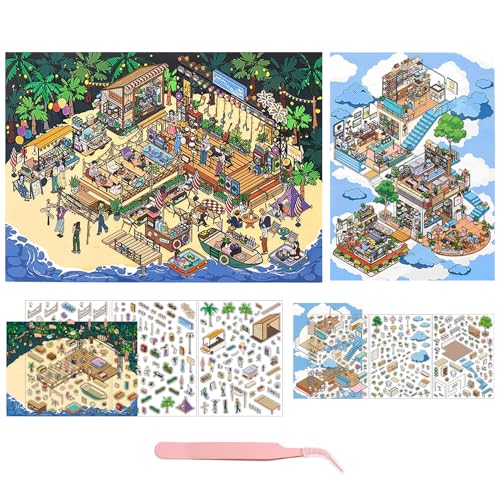 3D ハウスステッカー 4点セット 2点セットDIY 造景シール コラージュ素材 シーンシール 紙ミニチュア模型 紙ドールハウス 紙ミニチュア模型 韓国系 立体 デコレーション ステッカー 手帳 面白い 可愛い ピンセット付き (第三弾 島の音楽祭+雲上の