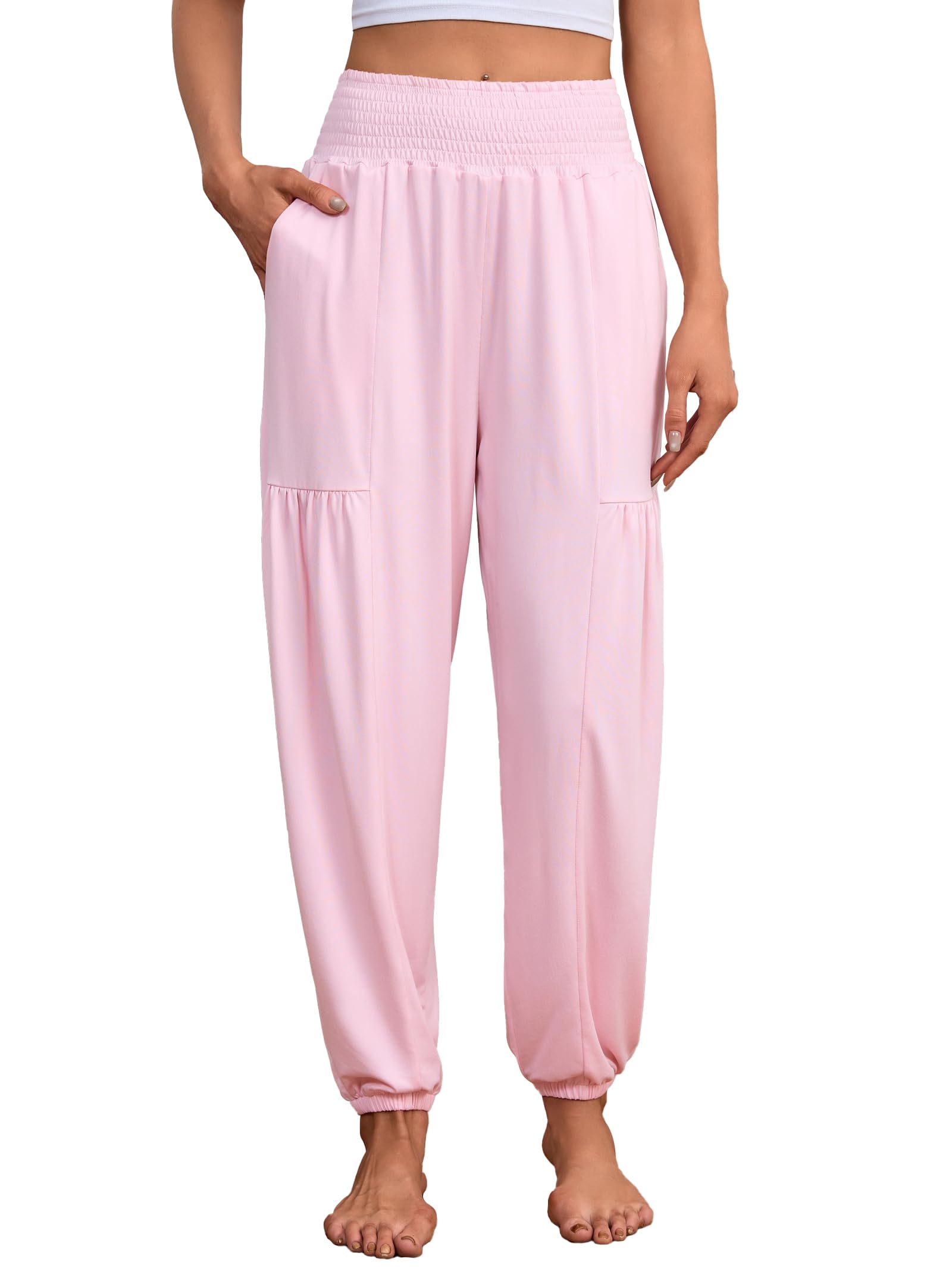 Famulily Leichte Sport Haremshose für Damen locker gesmokte Boho-Yogahose mit hoher Taille und Taschen S-XXL