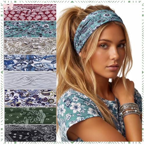 Needbrock 8Pcs Boho Headbands for Women Non Slip Knotted Hair Bands Fashion Accessories Head Wraps - Soft Wide Stretchy Cloth Headbands for Daily Wear Yoga Workout Running