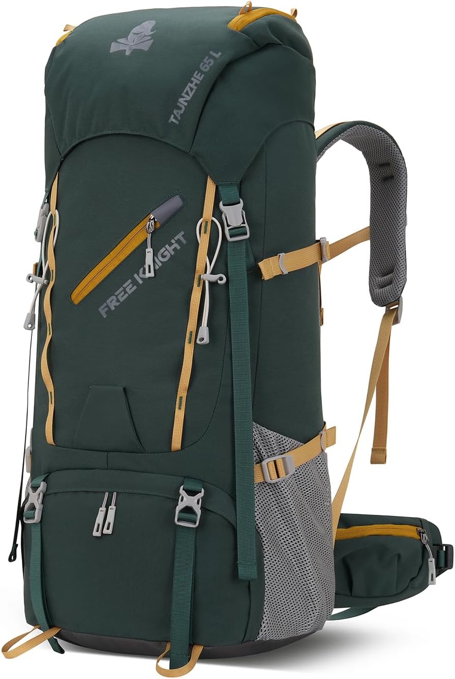 Bseash 65L Waterproof Hiking Camping Backpack with Rain Cover, Outdoor Sport Travel Daypack for Climbing Touring (Dark Green)