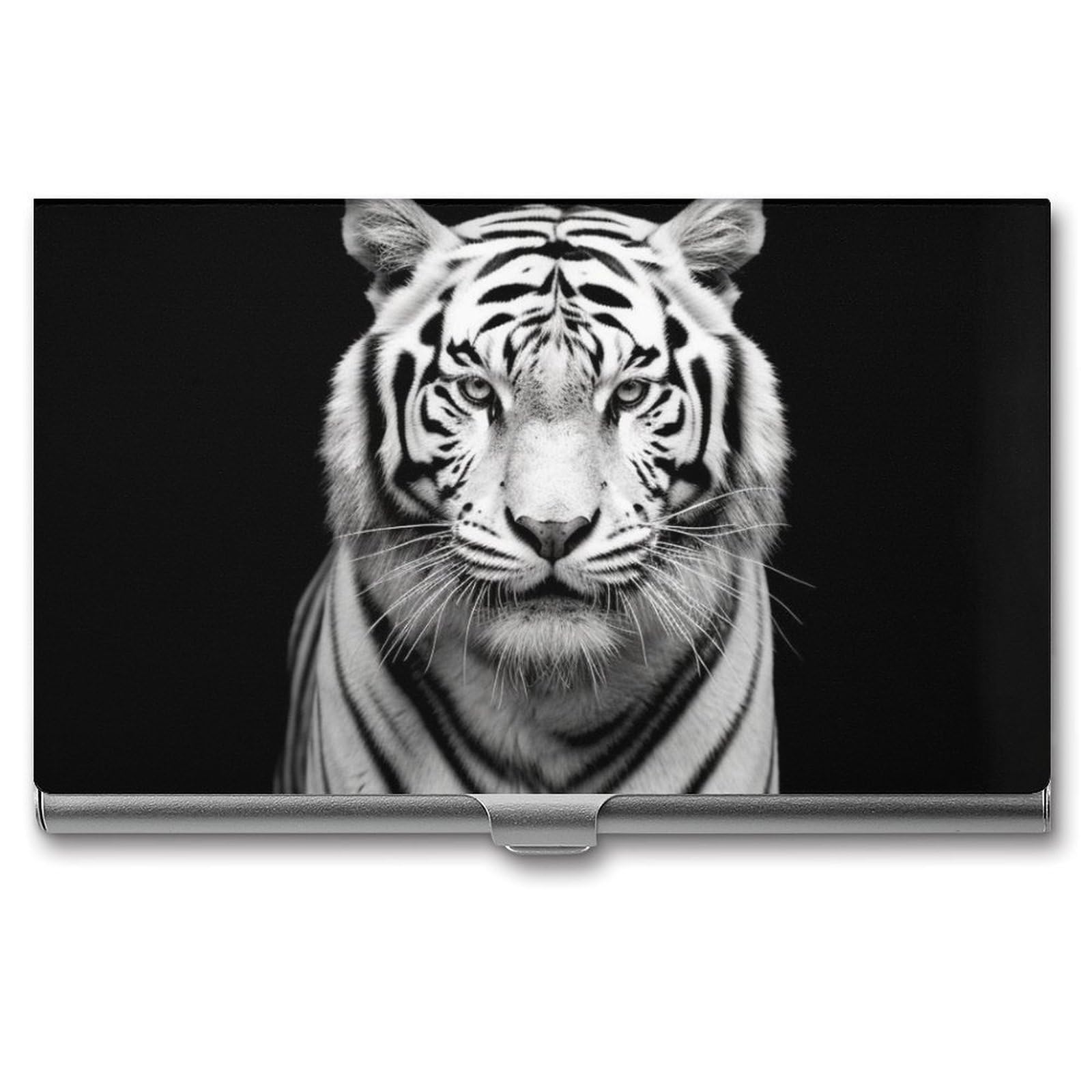 BTCOWZRV Black And White Tiger Business Card Holder Metal Slim Business Card Case, Pocket Card Holder for Men Women Purse Name Card Holder Stainless Steel Wallet Credit ID Case for Office