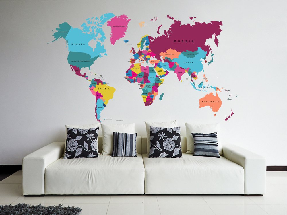 STICKERSFORLIFE cik82 Full Color Wall Decal World map Living Room Bedroom Children's Room