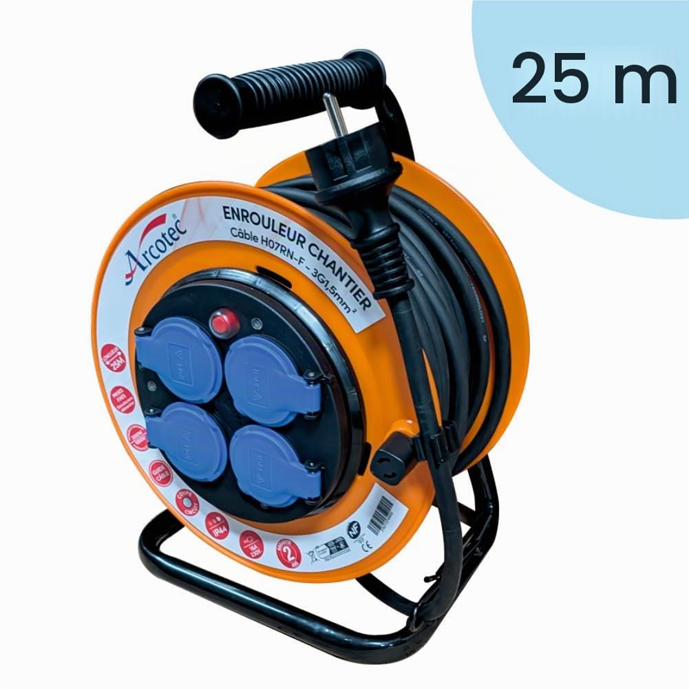 Enrouleur PRO de Chantier 3G1.5 25m IP44 Platine Fixe (Anti Twist) - Câble H07RN-F - 4 Prises 16A - Garantie 2 Ans