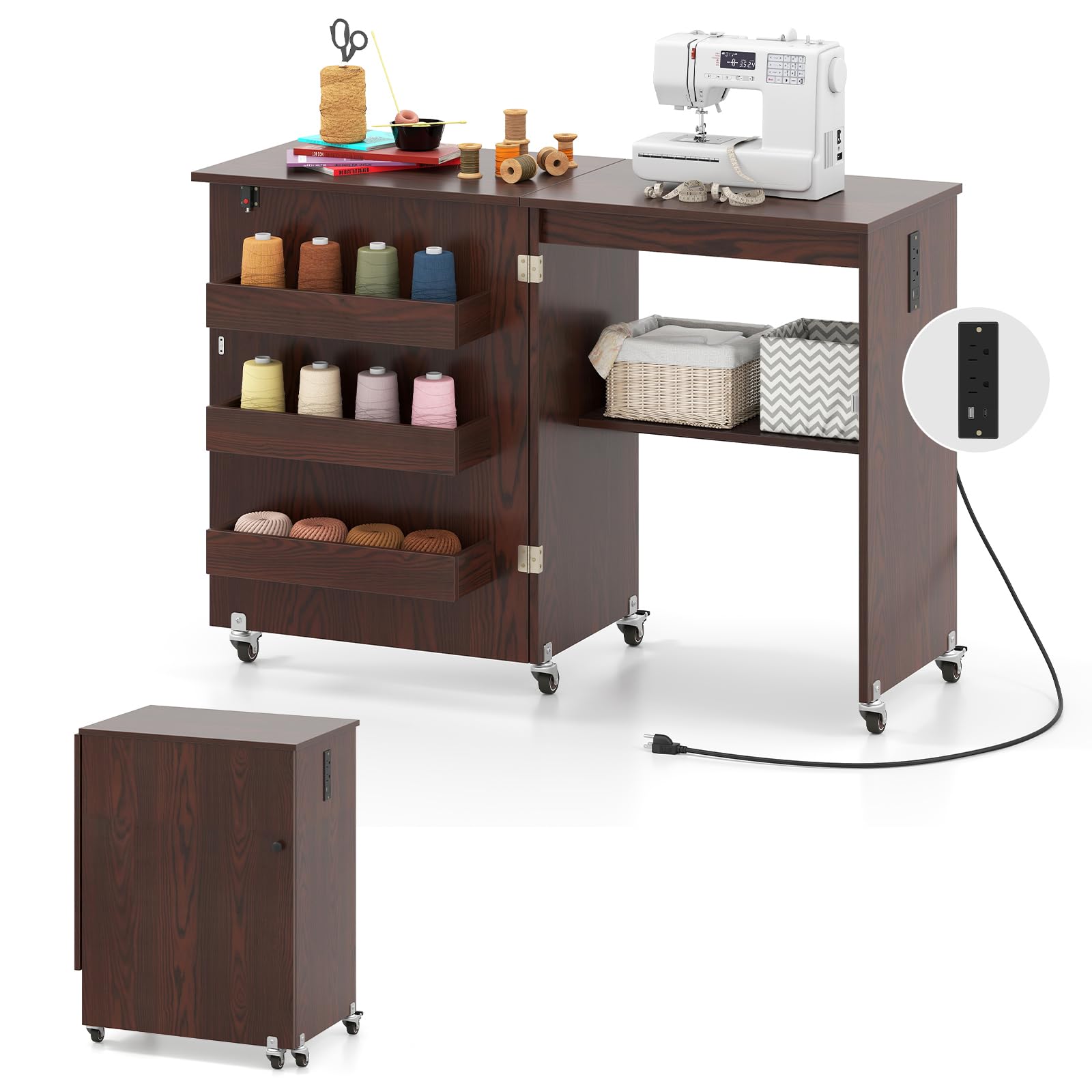 Giantex Folding Sewing Table in an open position, set up for sewing with a sewing machine and various craft supplies.