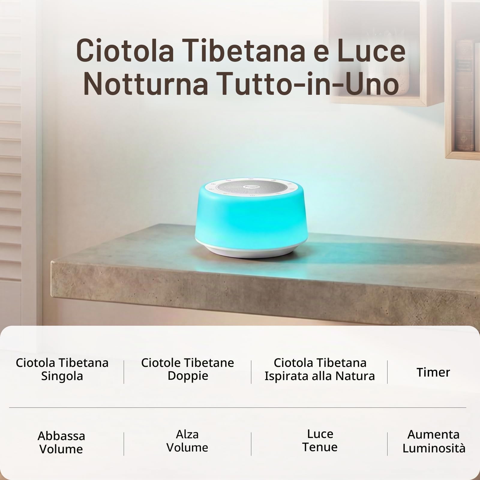 Kipcush Macchina tibetana per campane tibetane – 5 campane sonore per yoga, meditazione, consapevolezza, guarigione, guarigione dei chakra e sollievo dallo stress, timer e funzione di memoria, plug in