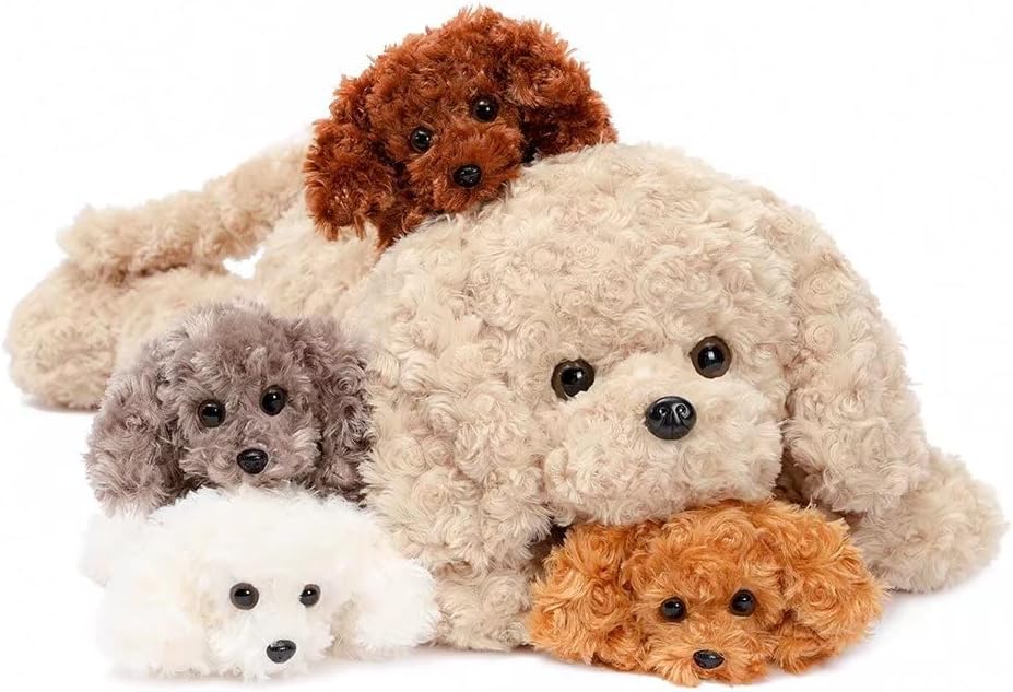 MorisMos Giant Dog Teddy Stuffed Animal, 60cm Large Mom Dog with 4 Baby Inside, Kawaii Plush Soft Toy Big Fluffy Puppy Teddy Gift for Kids Girlfriend Birthday Deco