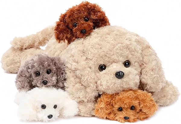 MorisMos Giant Dog Teddy Stuffed Animal, 60cm Large Mom Dog with 4 Baby Inside, Kawaii Plush Soft Toy Big Fluffy Puppy Teddy Gift for Kids Girlfriend Birthday Deco - 1
