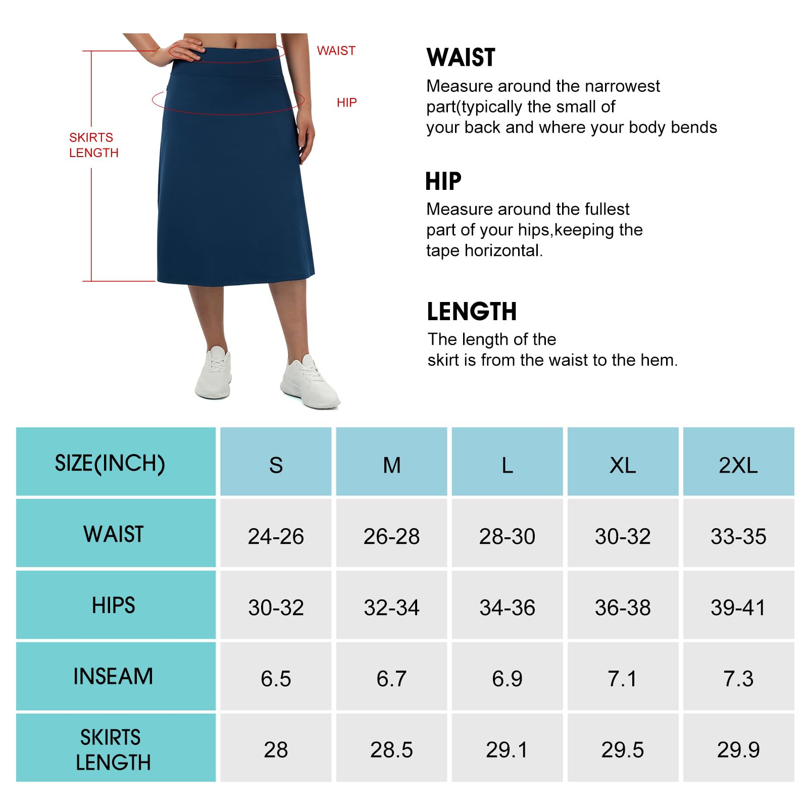 Turnhier Jupe-short longueur midi pour femme avec 2 poches, jupe longue modeste de 71,1 cm, longueur genou, jupe-short athlétique
