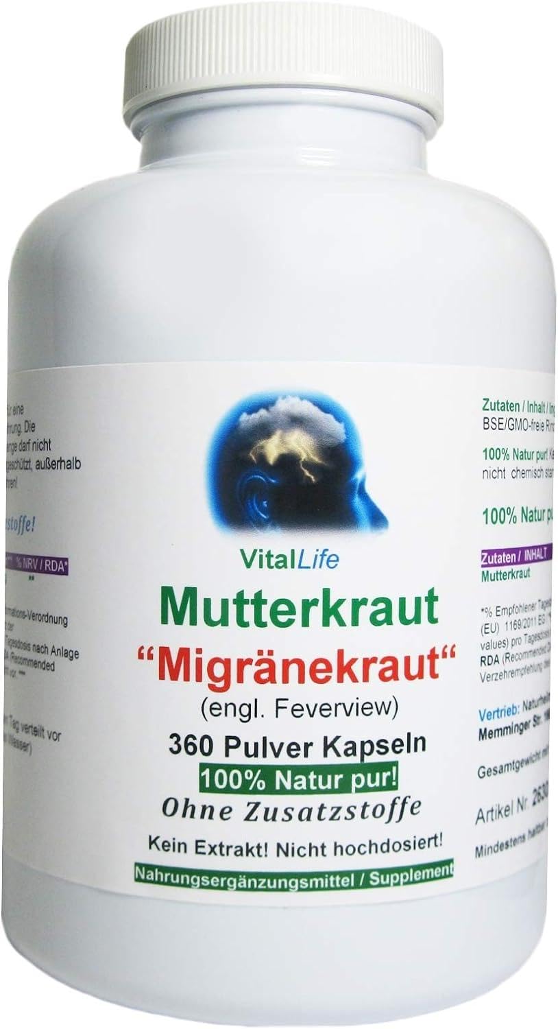 MUTTERKRAUT 360 Kapseln Migränekraut nach HILDEGARD VON BINGEN Feverfew "Kopfgewitter" - NATURDOSIERT = 100% NATUR pur. OHNE ZUSATZSTOFFE. 26308-360