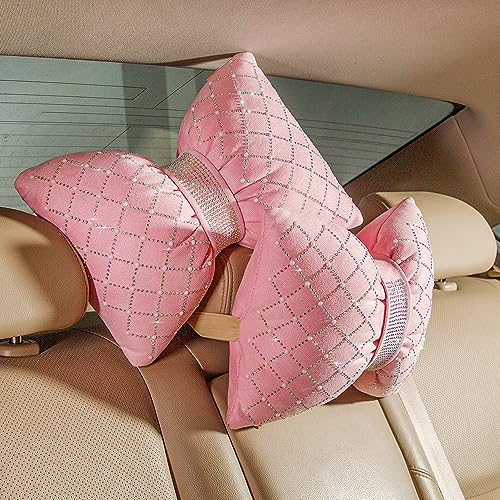 Image of Carwales Car Headrest Pillow Pink Sparkly Bling Rhinestone Accessories for Women Bow Seat Neck Support Pillow for Travel Driver Chair Head Rest 2pcs