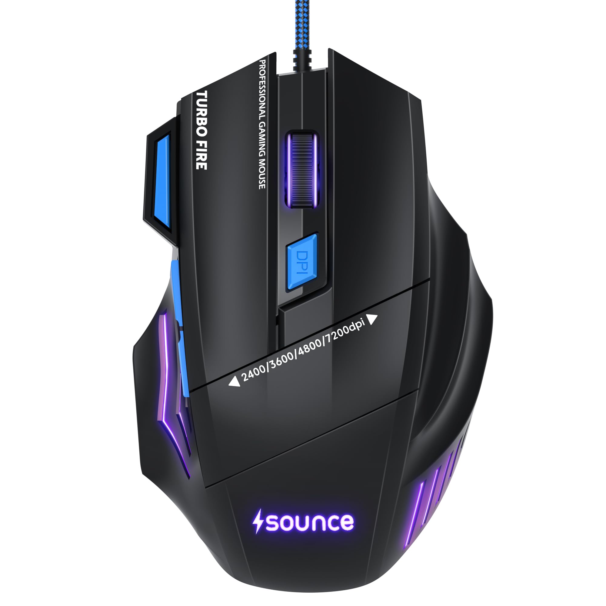 Sounce Apex Wired Gaming Mouse with 7200 DPI Precision Optical Sensor, 7 Programmable Buttons, RGB LED Modes, Braided Cable and Ergonomic Comfortable Design for PC Laptop Desktop Gamer Use (Black)