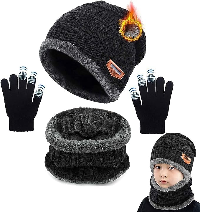Gorro de Invierno para niños Bufanda y Guantes de Tacto, Set de Gorro de Invierno,3 en 1 de Gorros de Punto y Bandanas con Forro Polar para Niños y niñas...