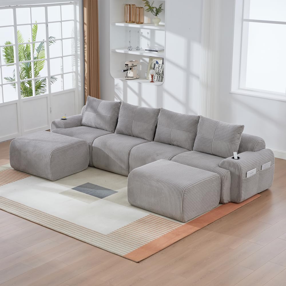 Sapgaks Sofá esquinero convertible, sofá modular compacto, sofá de 2 a 6 plazas, equipado con soportes para bebidas y compartimentos laterales de almacenamiento, no requiere montaje (U gris claro de 4