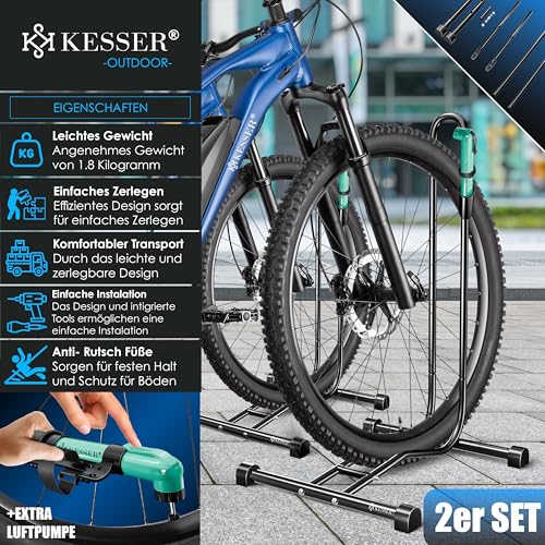KESSER® Fahrradständer Boden einzeln für Mountainbike, E-Bike, Citybike, Rennrad, MTB | Fahrrad Montageständer | Freistehender Fahrradhalter Ständer Eisen | Reifenbreite bis 65mm | Inkl. Luftpumpe