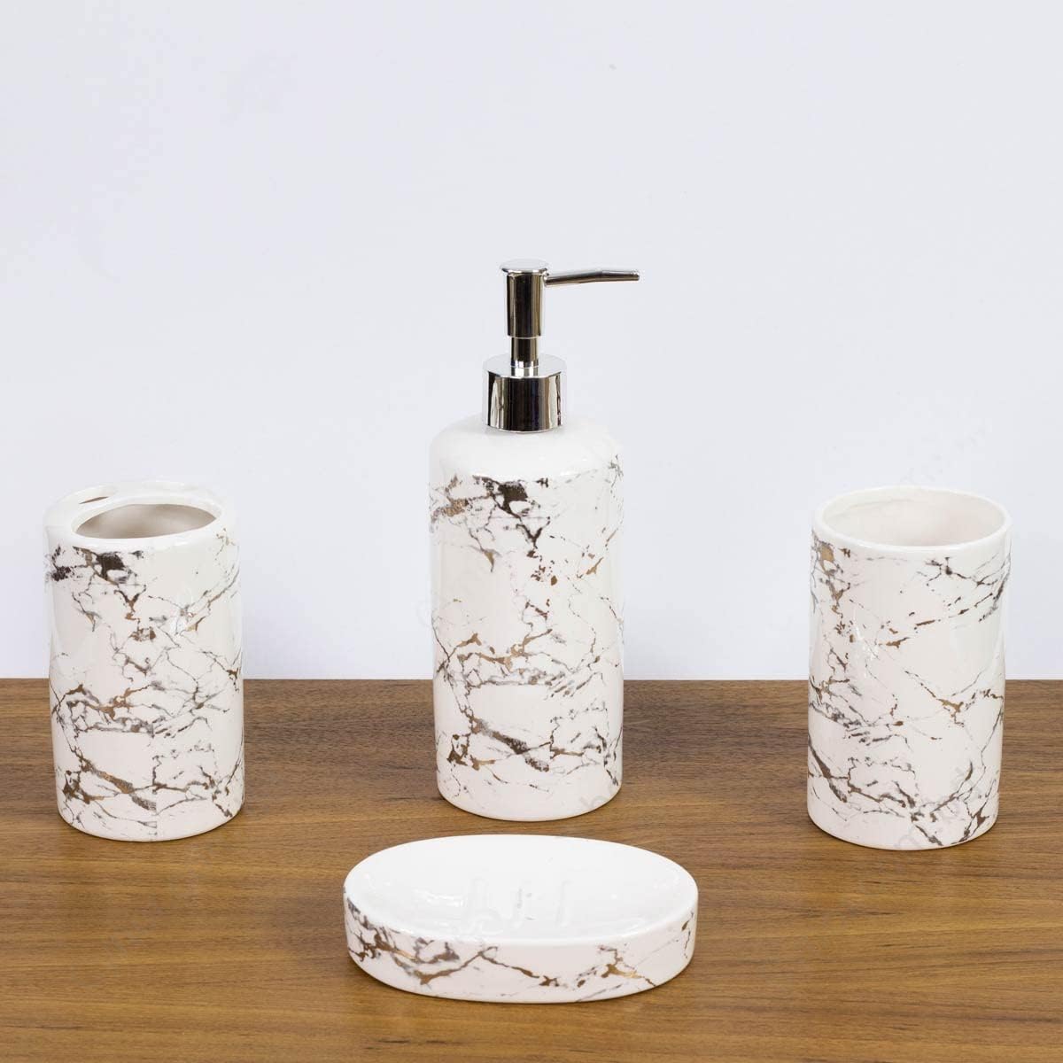 Italian Concept Ceramic Durable 4 Pieces Bathroom Set Liquid Soap Dispenser, Toothbrush Holder, Soap Dish, Tumbler Holder (White)
