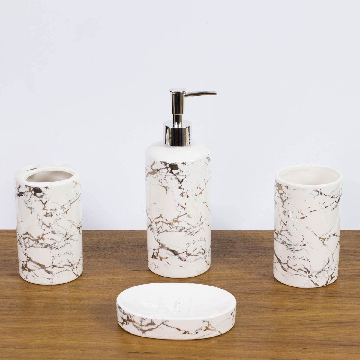 Italian Concept Ceramic Durable 4 Pieces Bathroom Set Liquid Soap Dispenser, Toothbrush Holder, Soap Dish, Tumbler Holder (White)