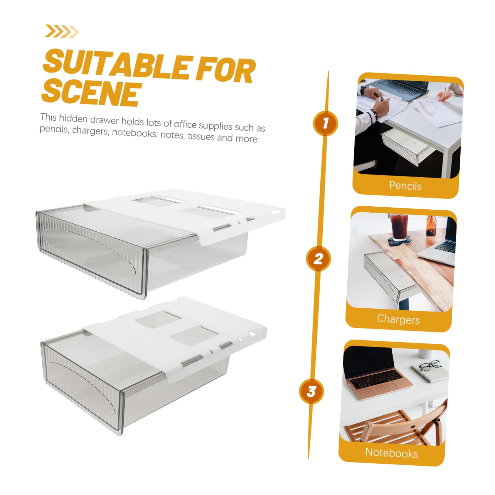 Ciieeo Organizer Sotto la Scrivania Cassetto Nascosto Bianco 2 Pezzi | Plastica Resistente All’usura, Grande Capacità per Accessori Ufficio, Uso in Soggiorno e Cassettiera
