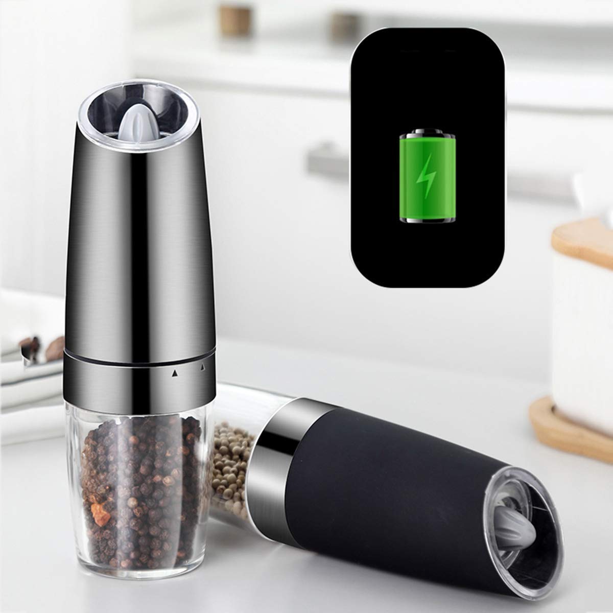 RWRAPS Set da 2 Pezzi Macina Sale e Pepe Elettrico Agitatore, Funzionamento a Batteria, Ceramica Regolabile (Nero)