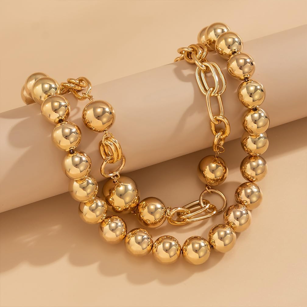 Chunky Gold Big Balls Chain Collar Necklace for Women Vintage White Pearl Layered Exaggerated Necklaces Vintage Thick Round Balls Beaded Large Jewelry - Image 7