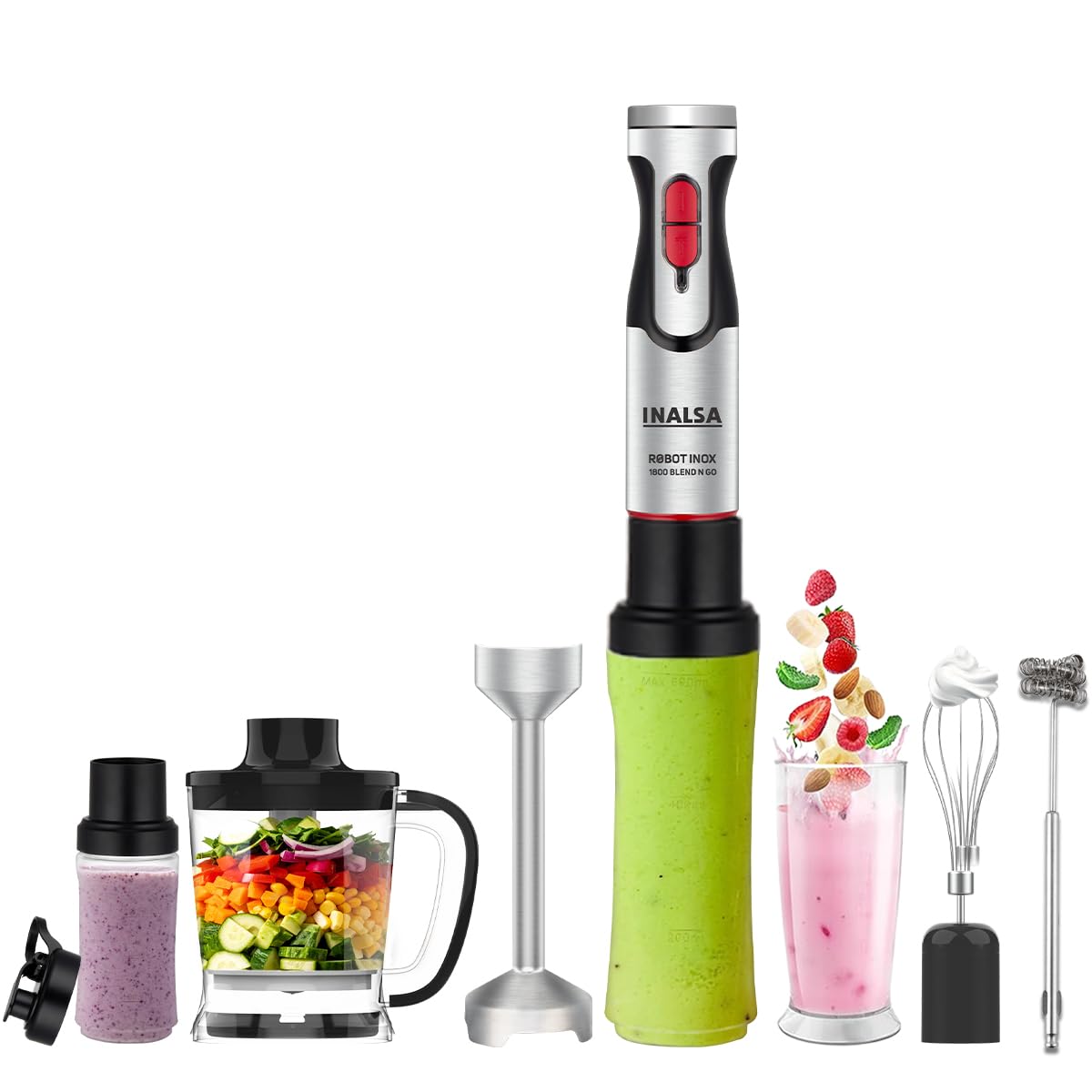 Inalsa Robot Inox Hand Blender – 1800W DC Motor, Multipurpose Set with Stainless Steel Rod & Blades, Chopper, Whisk, Beaker, & Blending Bottles – 2-Year Warranty,1800 Blend N Go