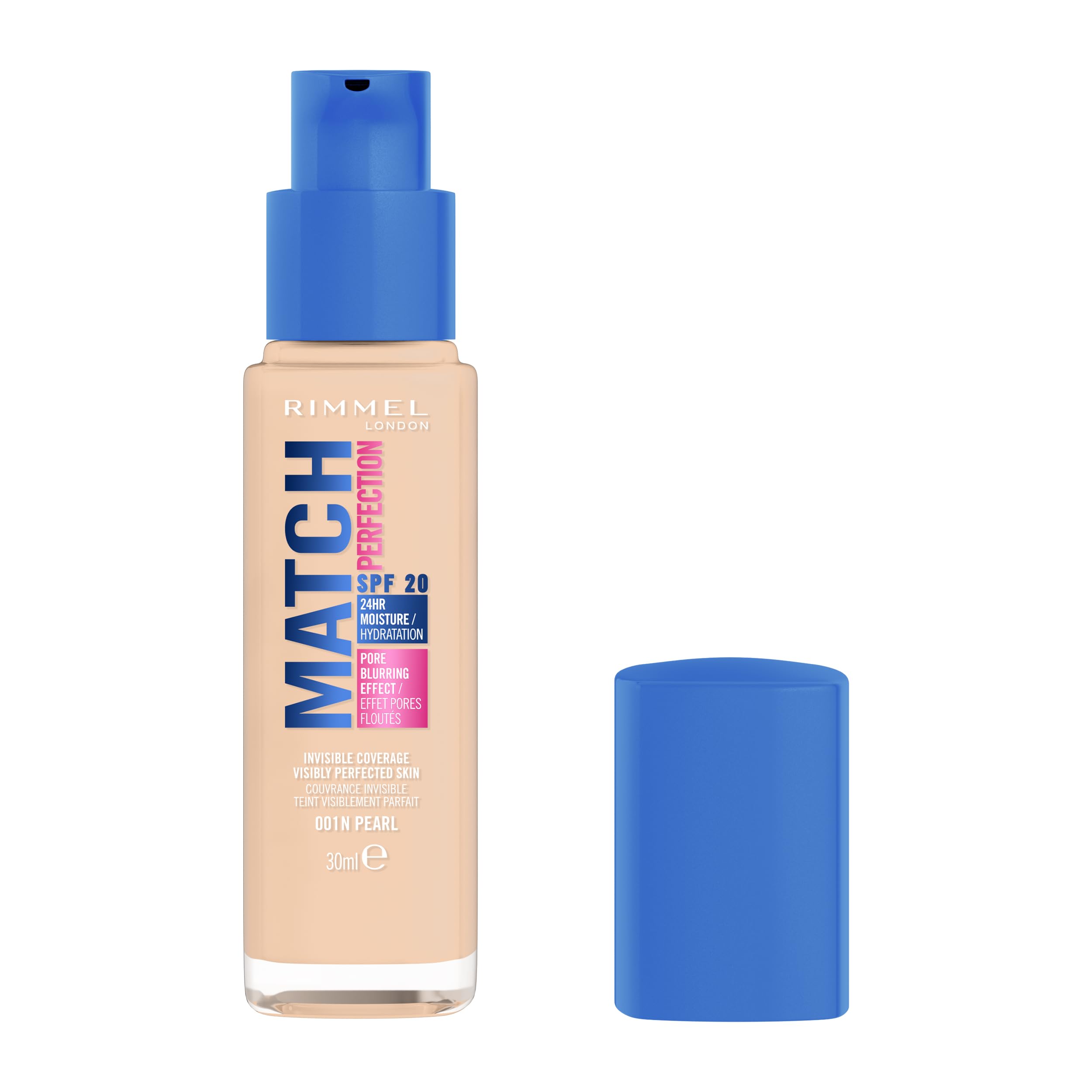 Rimmel Match Perfection Foundation, 001W Pearl, Invisible Coverage, Pore-blurring, Medium coverage. Visibly perfected skin. SPF20, 30ml, Cruelty Free