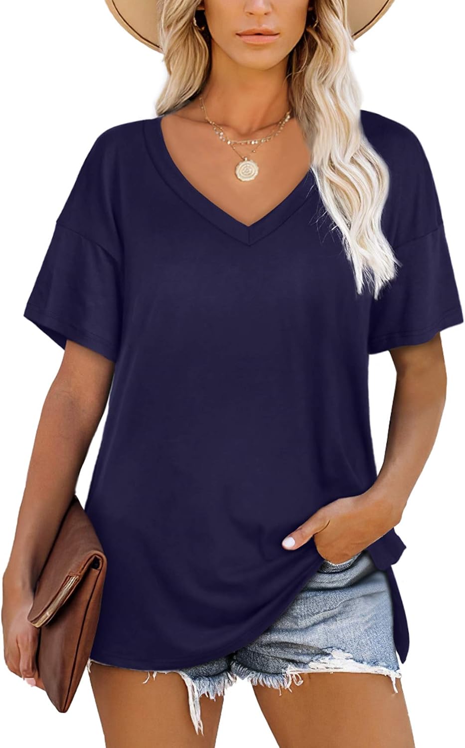 SAMPEEL Women's V Neck T Shirts Casual Short Sleeve Summer Basic Tops Tees