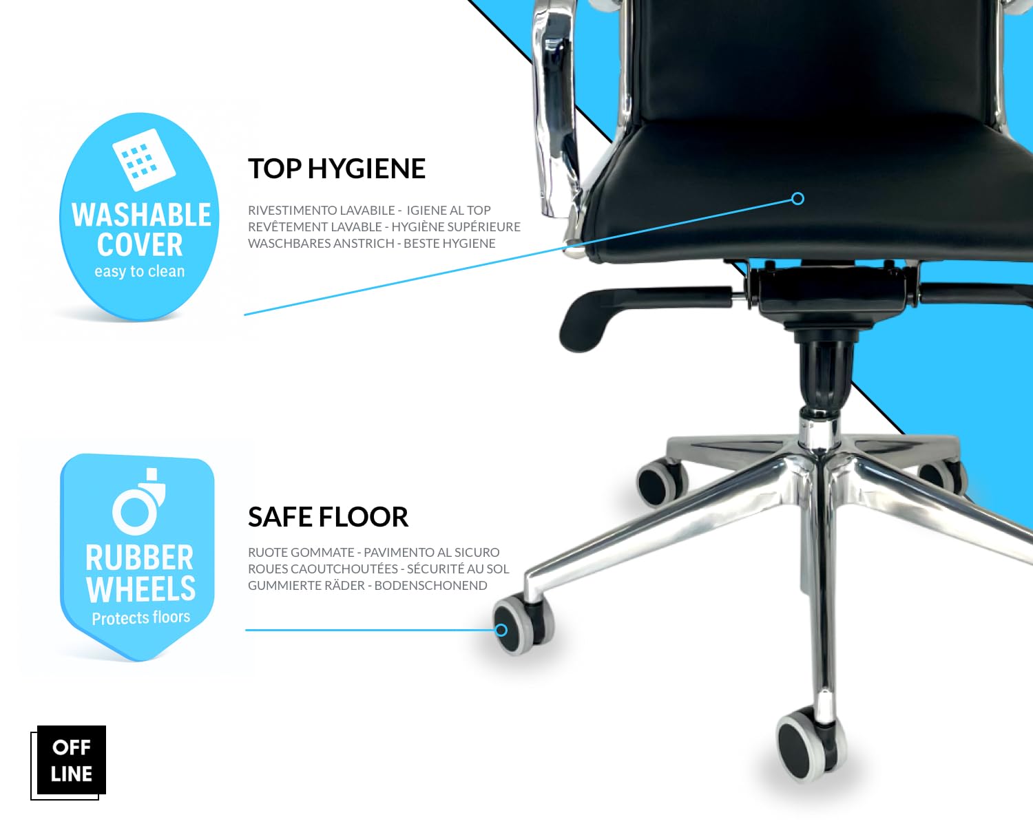OFF LINE Sedia Ergonomica per Ufficio e per Smart Working, Ruote Silenziose, Per Uso al PC, in Finta Pelle Nera e Telaio con Braccioli in Acciaio Cromato, Schienale Alto (70x70x120 cm)