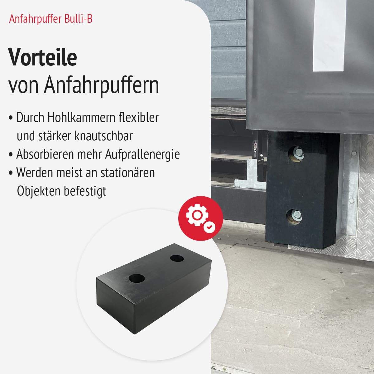 Anfahrpuffer Bulli-B 140 | 500x250x140mm Gummipuffer für Rampen und Standard-Überladebrücken. Schützt LKWs, Wechselbrücken und Gebäude | Lochabstand: 250mm; Lochdurchmesser: 62mm